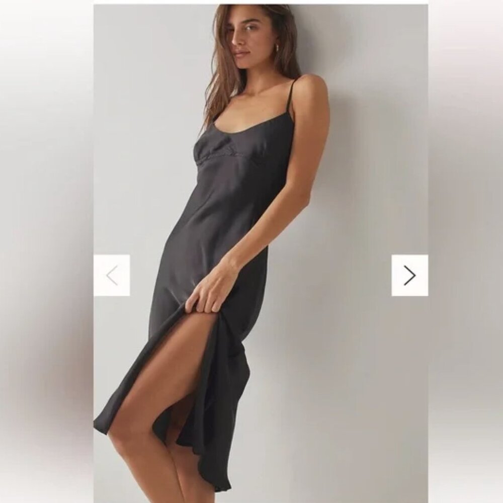 Free People Intimately Black Satin Midi Right This Way Bias Slip Dress Medium